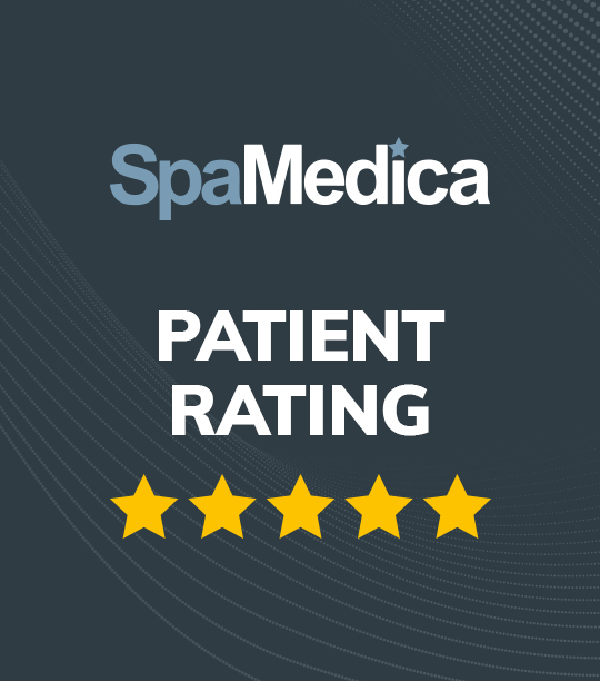 Sign reading SpaMedica Patient Rating 5 stars
